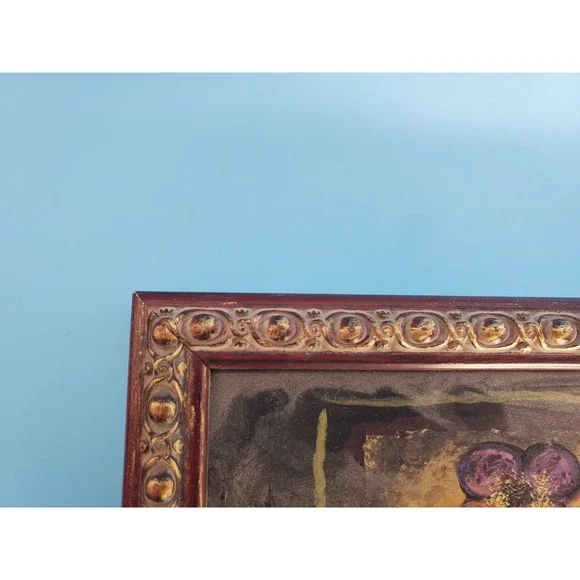 E Smithson  Framed Gray Cat Folk Art Sleeping Kitty Garden Flowers Pansy 17"x9" - Picture 7 of 7